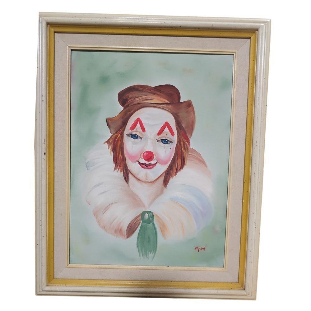 Vintage 1985 Clown Portrait Original Oil Painting Gold Trim Frame Circus‎ Art